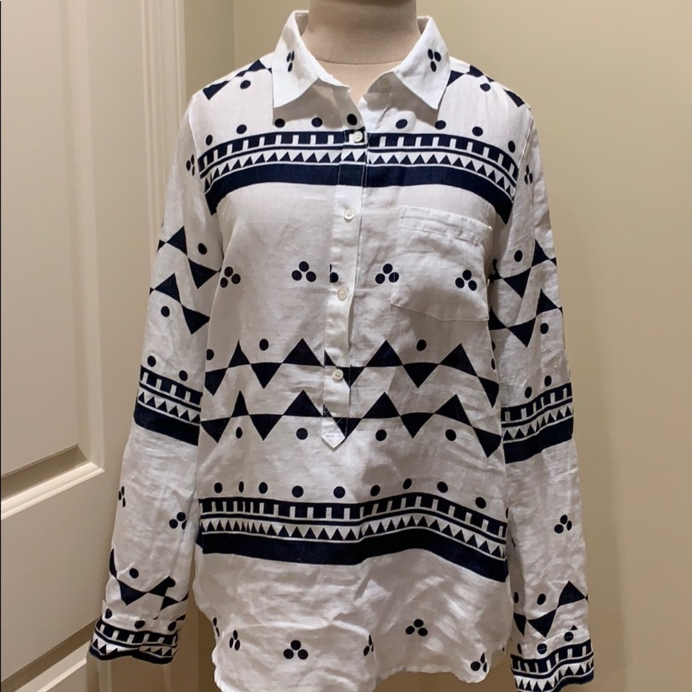 J. Crew Navy/White 1/2 Button Up LS Linen Shirt, 4